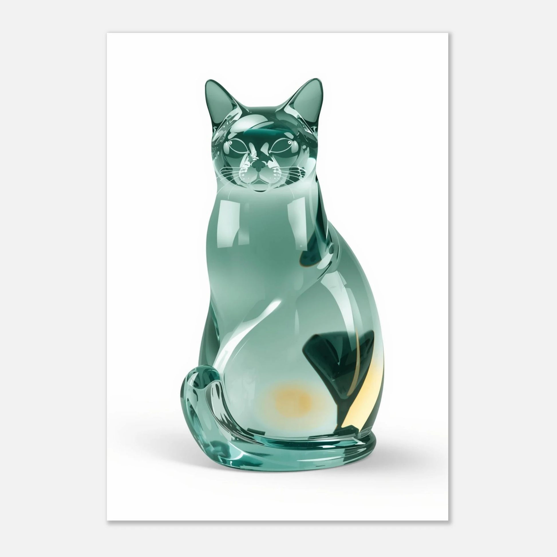 Stilren kattposter med motiv av en genomskinlig glasskulptur i akvamarin
