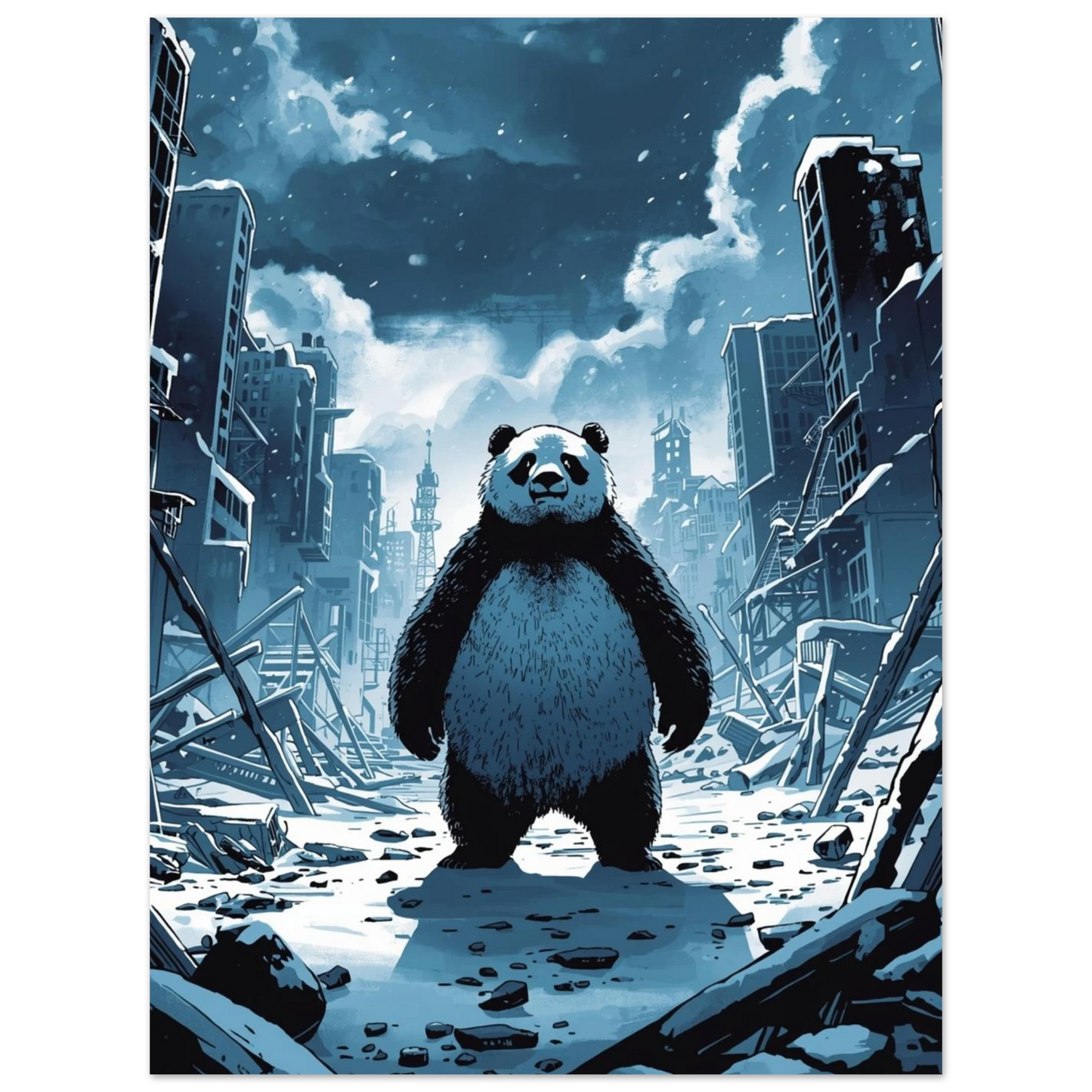Vintermotiv med panda i apokalyptisk stadsmiljö – unik grafisk djurposter