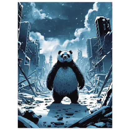 Vintermotiv med panda i apokalyptisk stadsmiljö – unik grafisk djurposter