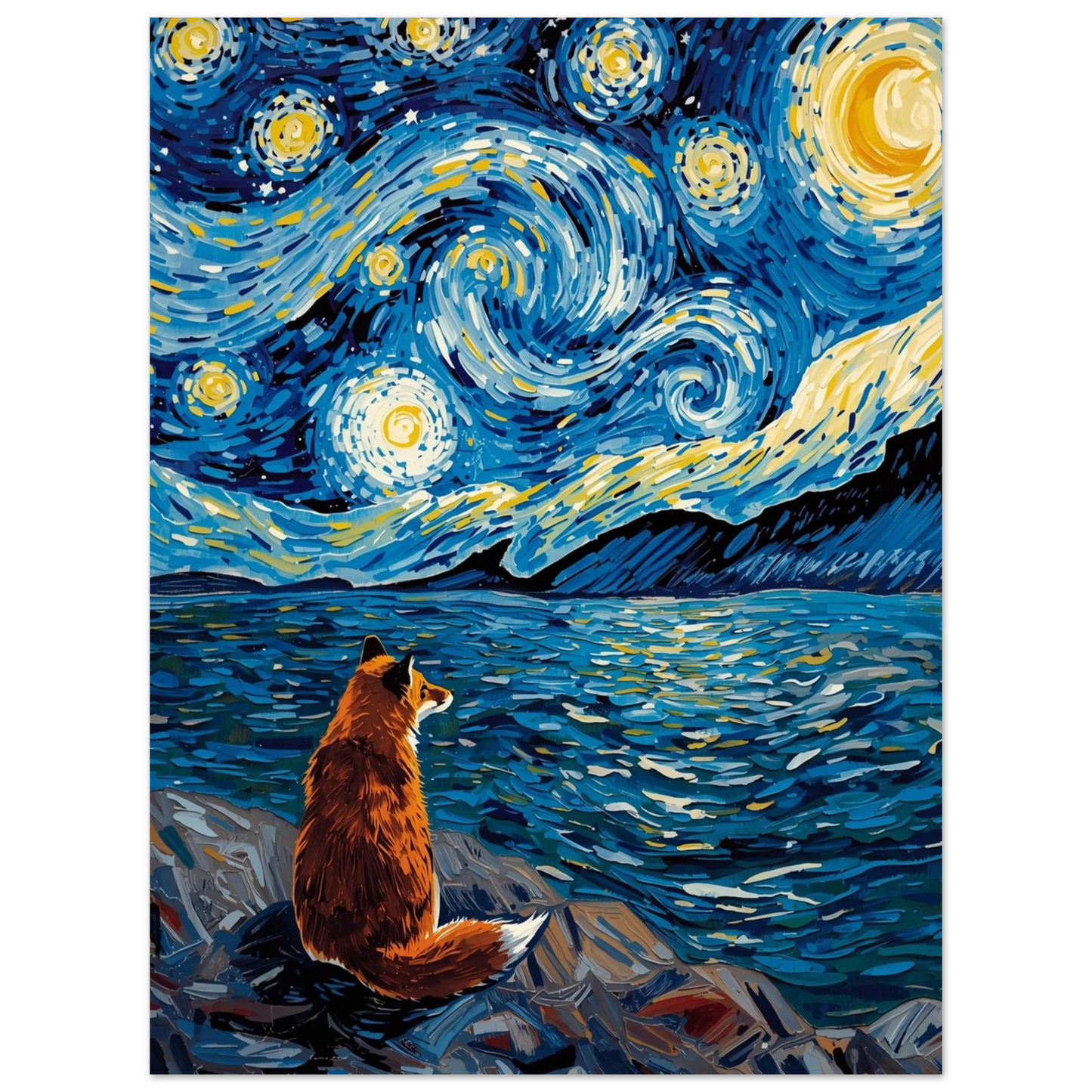 Drömlik djurposter med räv och stjärnklar himmel i djupblå toner