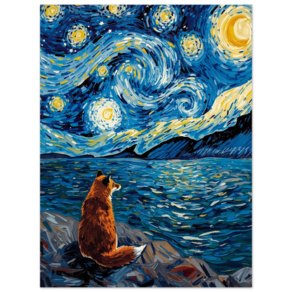 Drömlik djurposter med räv och stjärnklar himmel i djupblå toner