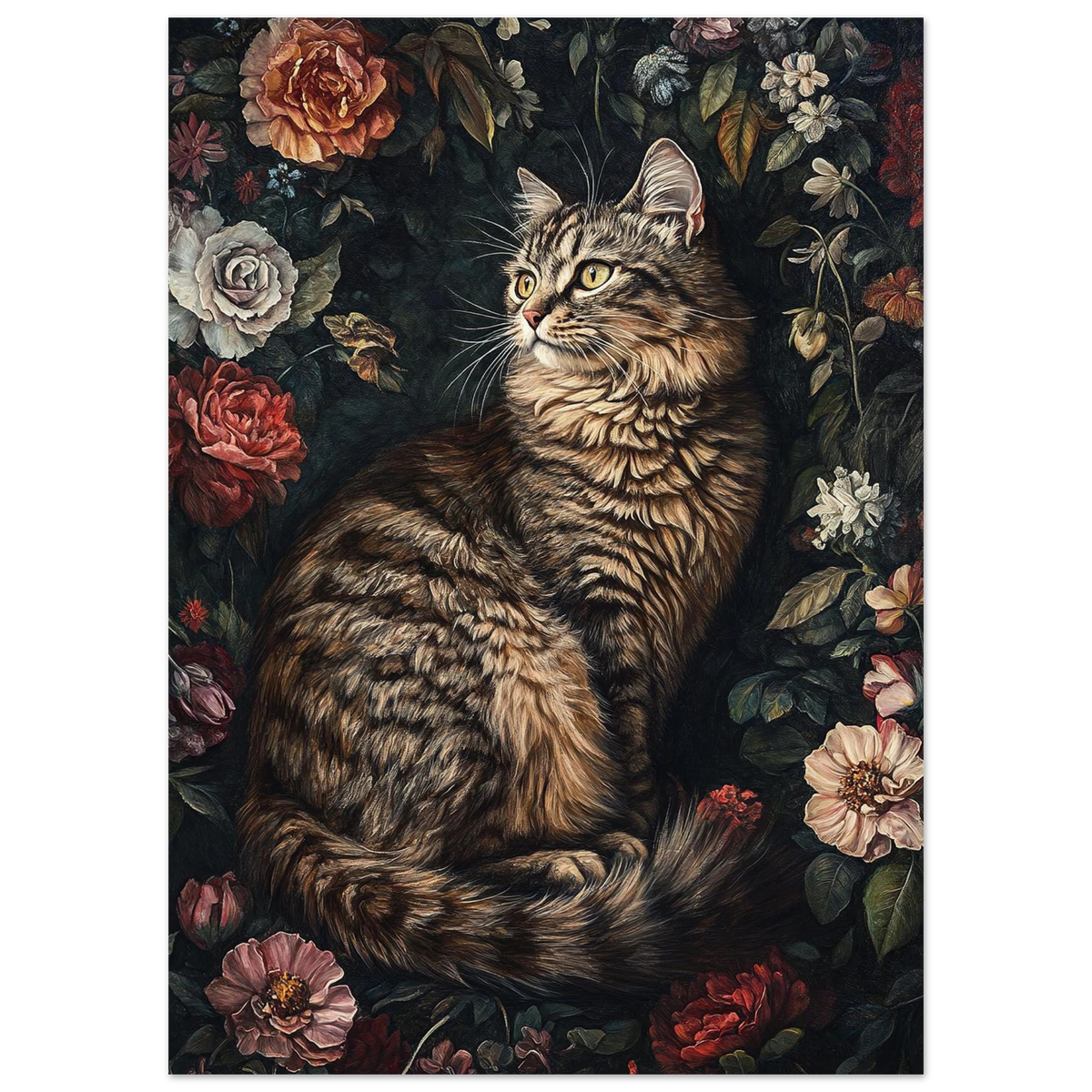 Brunspräcklig katt i en klassisk blomsterstilleben med röda toner – oljemålning
