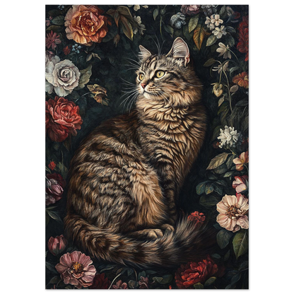 Brunspräcklig katt i en klassisk blomsterstilleben med röda toner – oljemålning