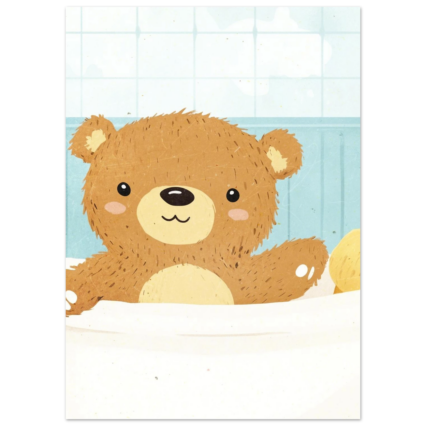 Närbild på en söt nalle i badet med blå kakelbakgrund