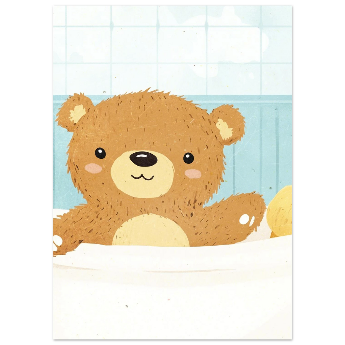 Närbild på en söt nalle i badet med blå kakelbakgrund