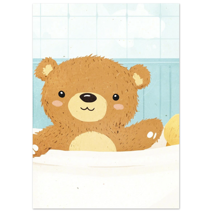 Närbild på en söt nalle i badet med blå kakelbakgrund