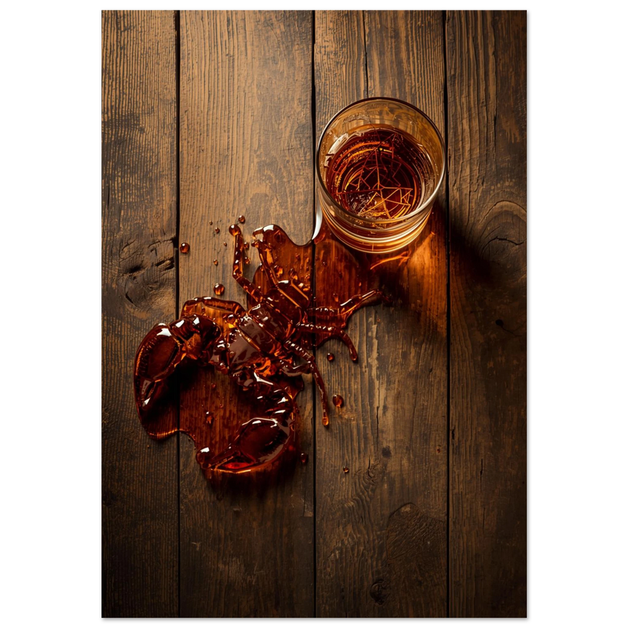 Kräfta formad av spilld whiskey på mörkt träbord – bärnstensfärgad djurposter