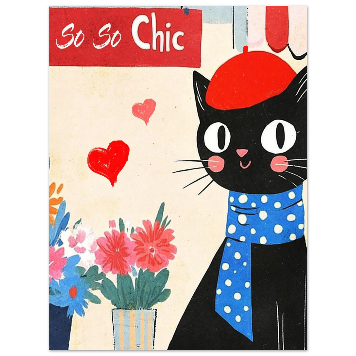 Lekfull djurposter med svart katt i basker och färgglada blommor