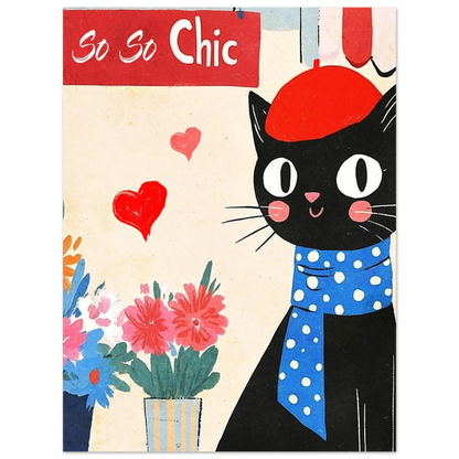 Lekfull djurposter med svart katt i basker och färgglada blommor