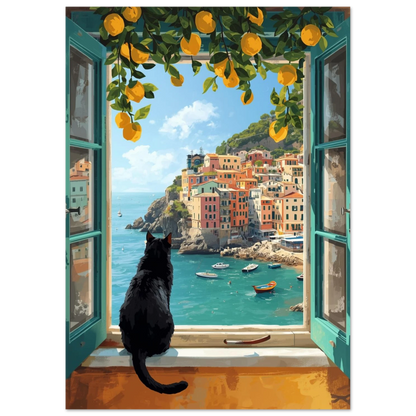 Kattmotiv med citronträd och medelhavsvy i varm digital konststil