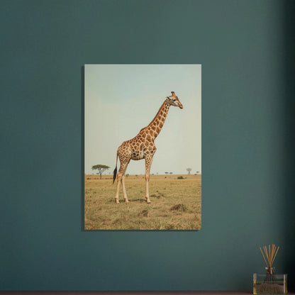 Minimalistisk komposition med en giraff och akaciaträd – retro poster