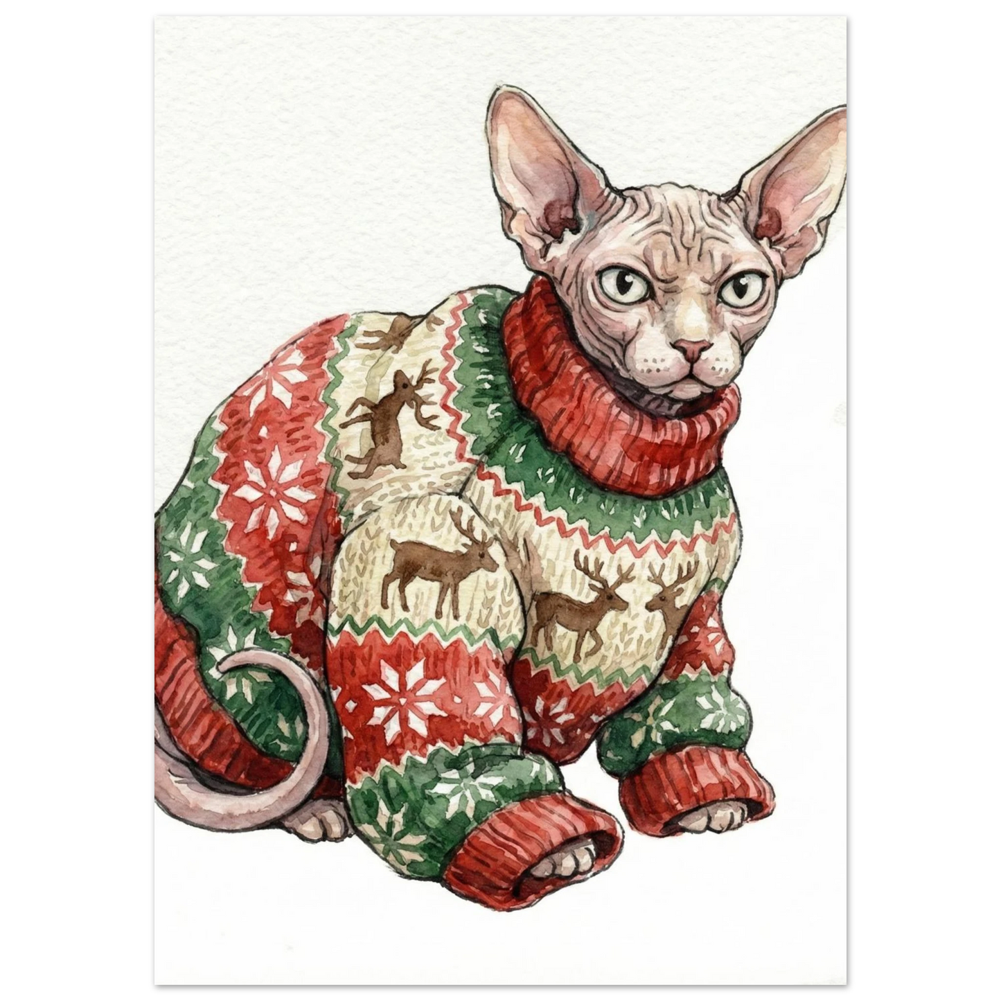 Sphynxkatt med mönstrad jultröja och renar – humoristisk djurposter i akvarell