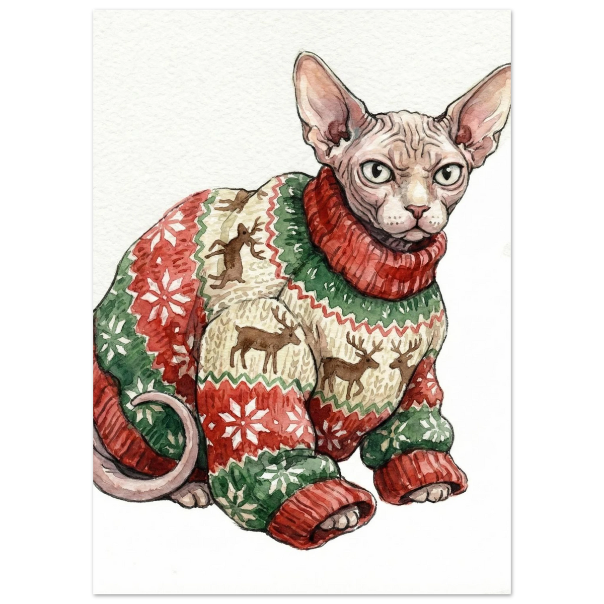 Sphynxkatt med mönstrad jultröja och renar – humoristisk djurposter i akvarell