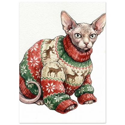 Sphynxkatt med mönstrad jultröja och renar – humoristisk djurposter i akvarell