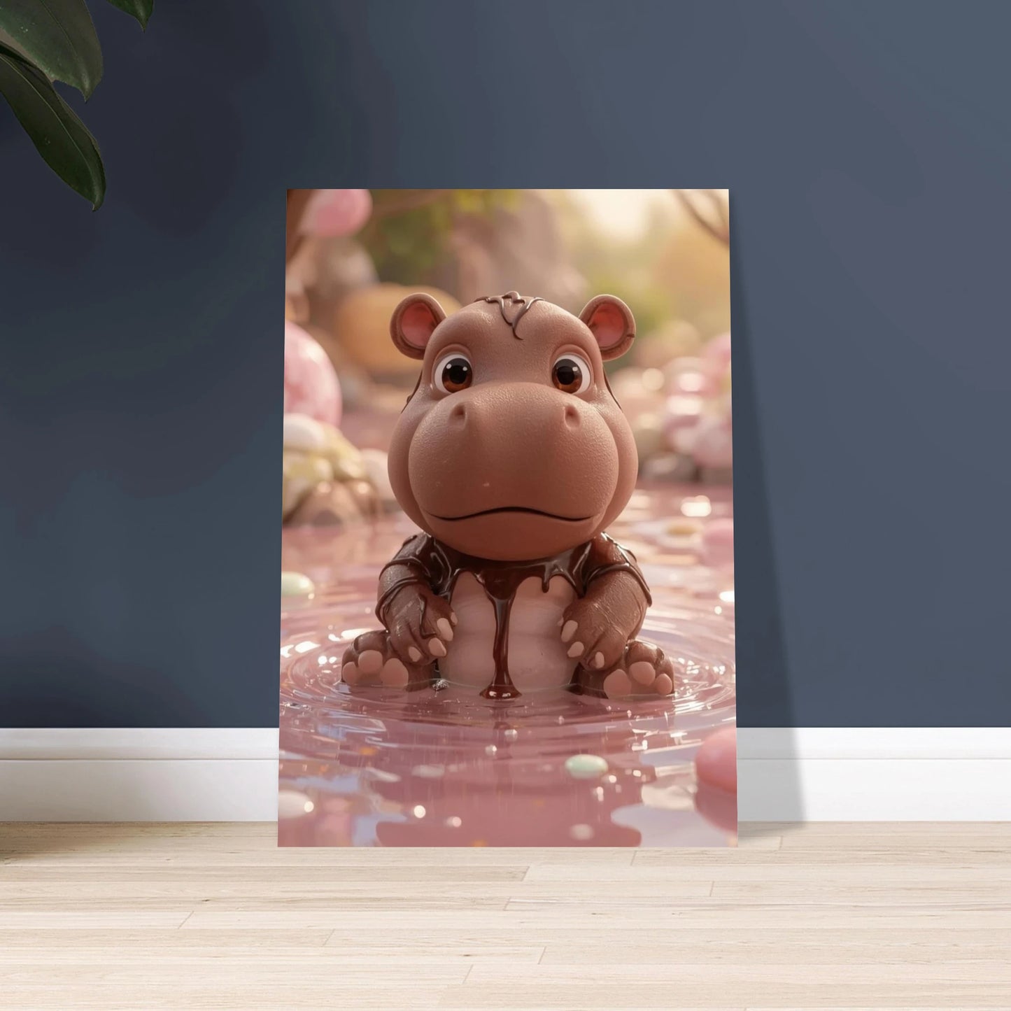 Söt flodhästunge av choklad i rosa godispöl