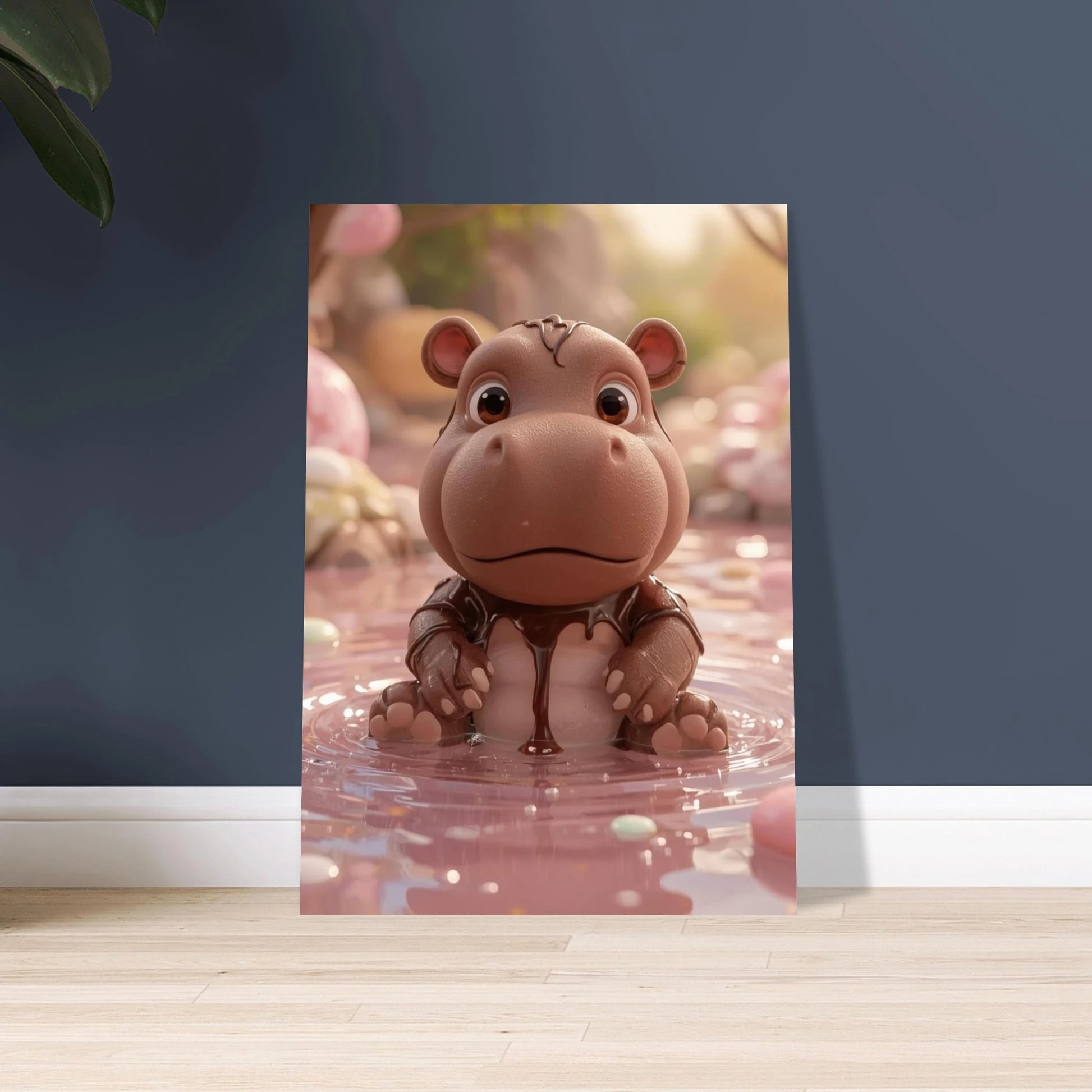 Söt flodhästunge av choklad i rosa godispöl