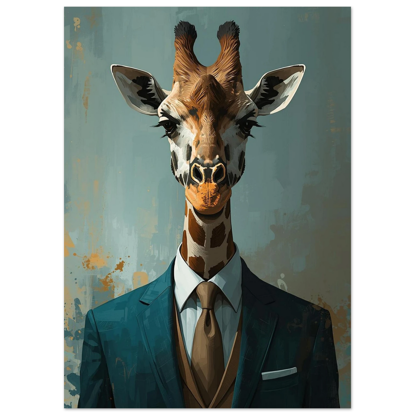 Närbild på giraffhuvud med kläder på gråblå bakgrund – målad poster