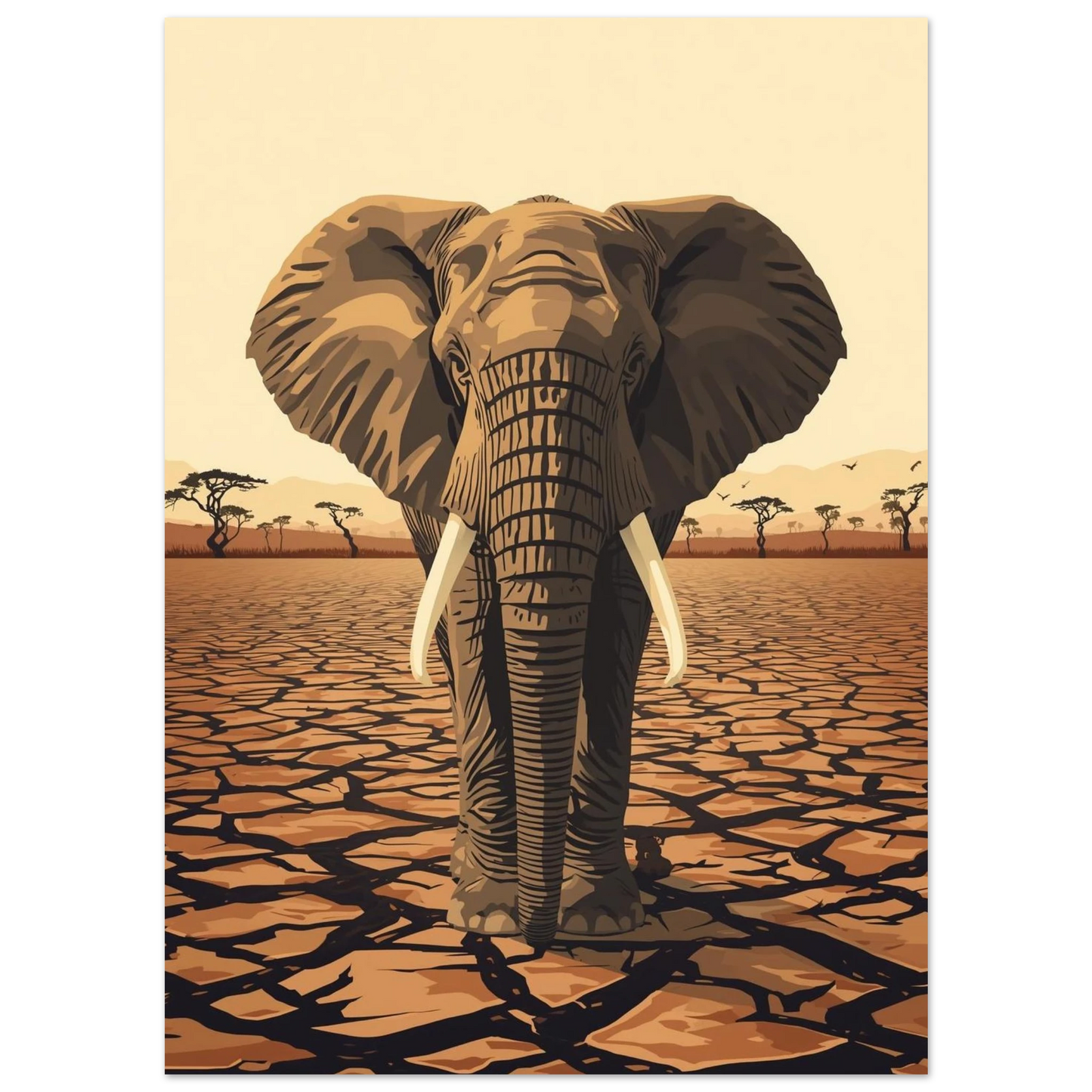 Stiliserad afrikansk elefant i ett torrt landskap – Retro poster