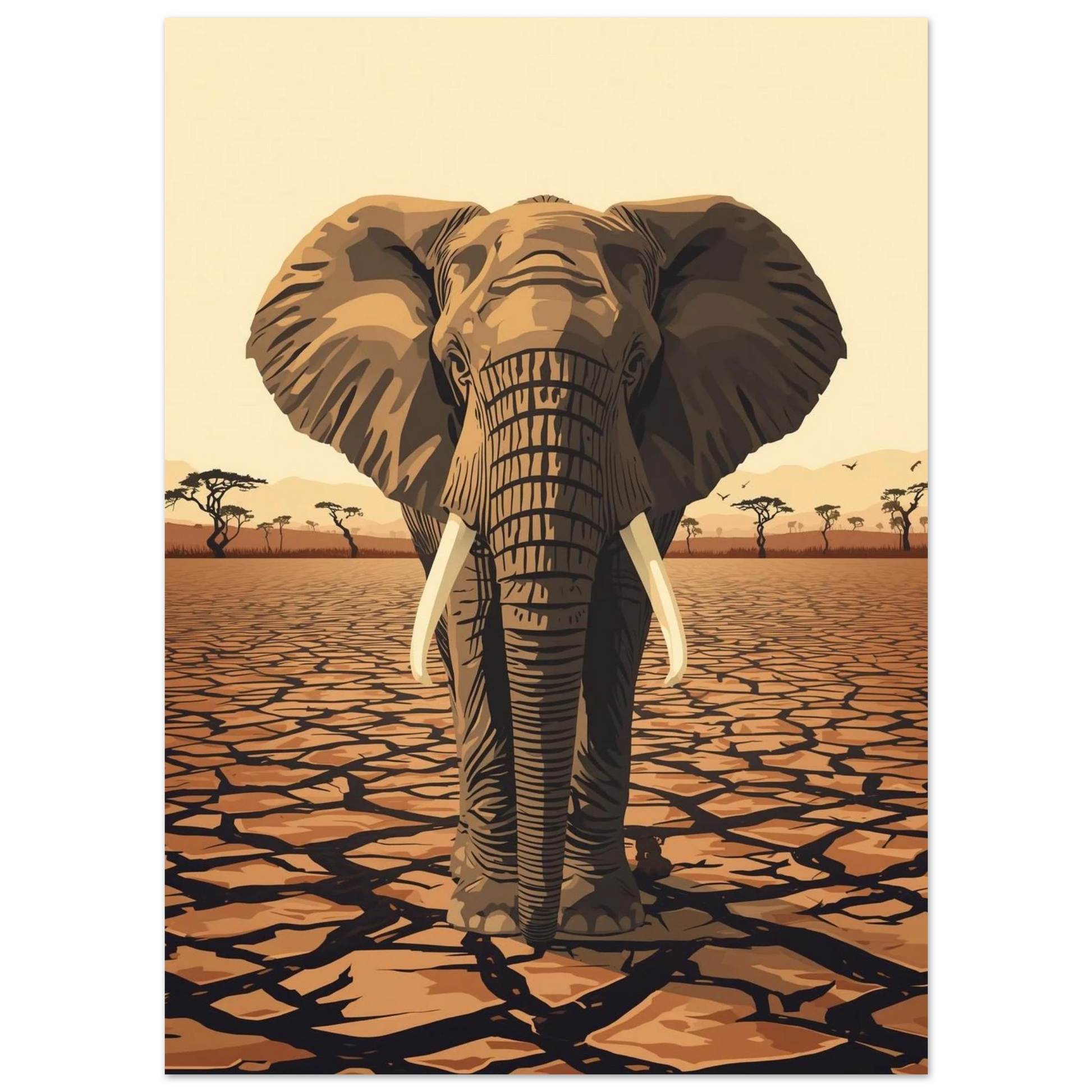 Stiliserad afrikansk elefant i ett torrt landskap – Retro poster