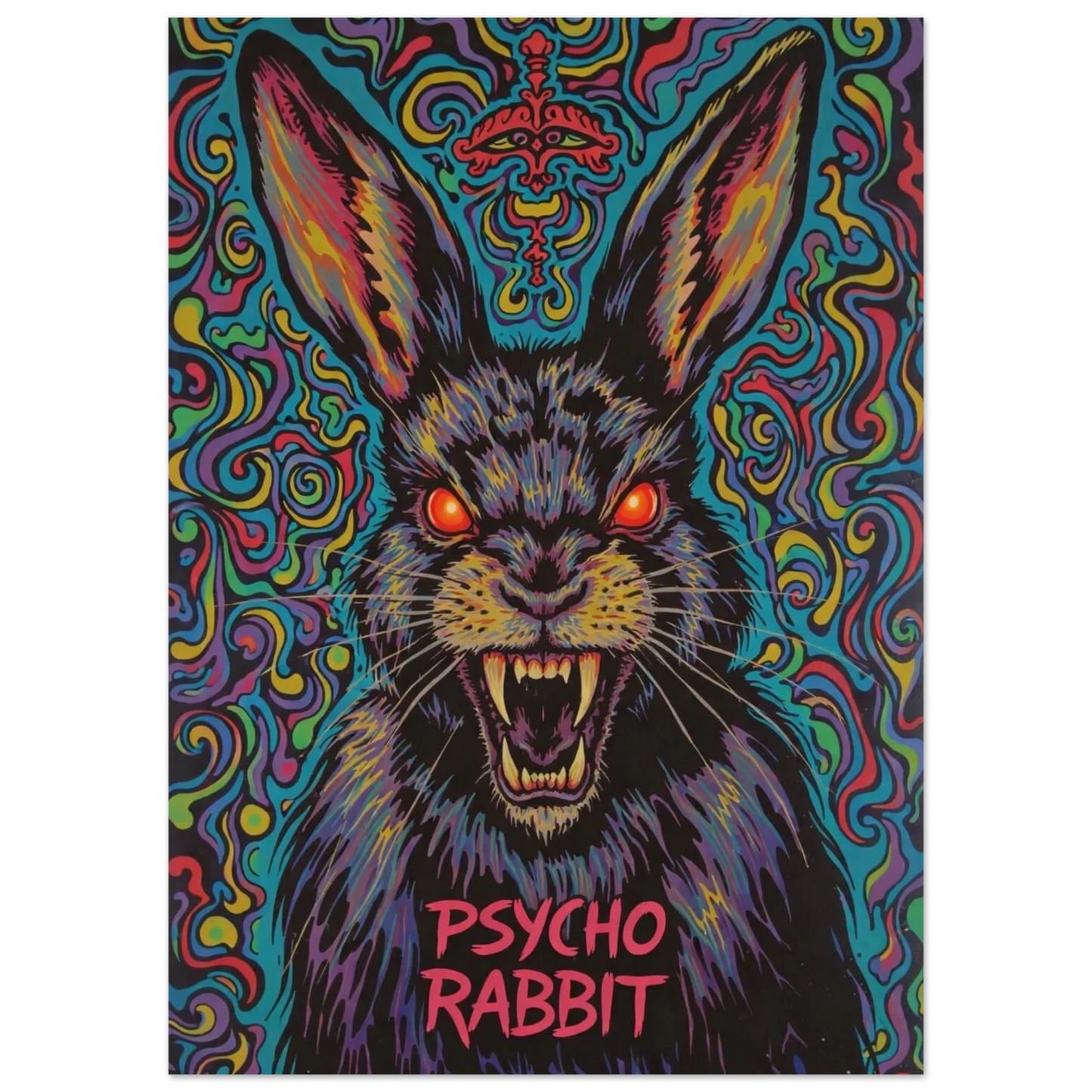 Närbild på tecknad psyko kanin med öppen mun och texten "PSYCHO RABBIT" – Tecknad poster