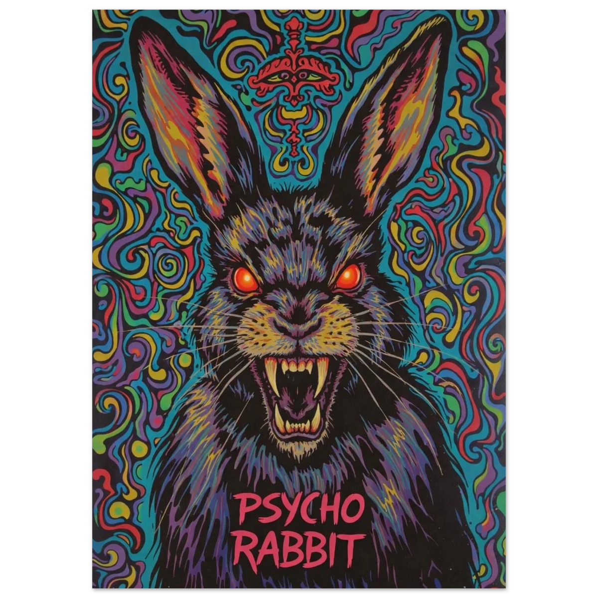 Närbild på tecknad psyko kanin med öppen mun och texten "PSYCHO RABBIT" – Tecknad poster