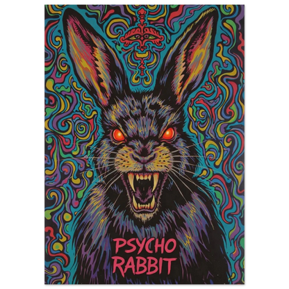 Närbild på tecknad psyko kanin med öppen mun och texten "PSYCHO RABBIT" – Tecknad poster