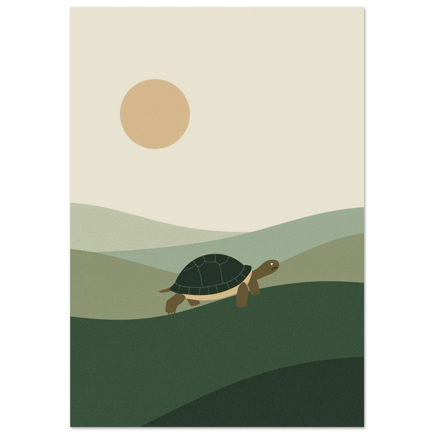 Sköldpadda som vandrar över gröna kullar under en beige sol – modern illustration