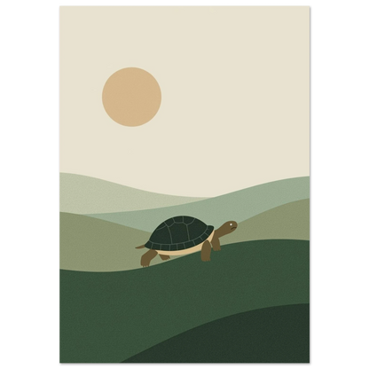 Sköldpadda som vandrar över gröna kullar under en beige sol – modern illustration