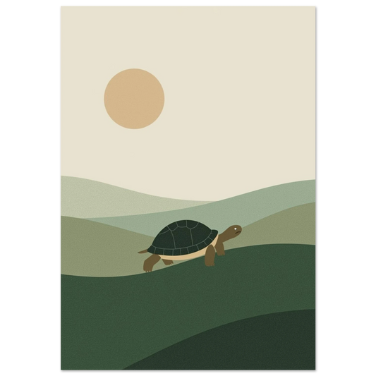 Sköldpadda som vandrar över gröna kullar under en beige sol – modern illustration