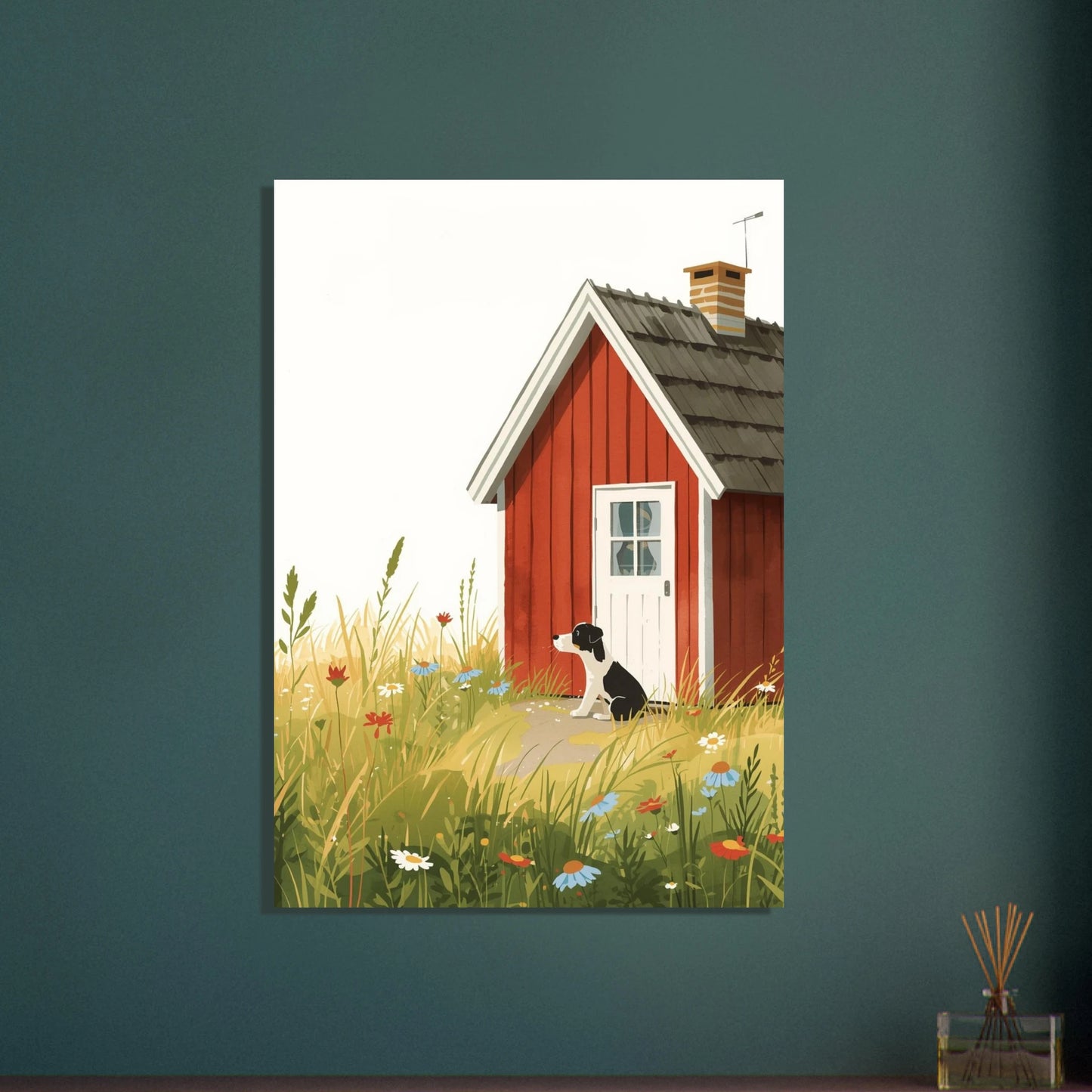 Hund vid röd stuga i sommaräng, idyllisk illustration.