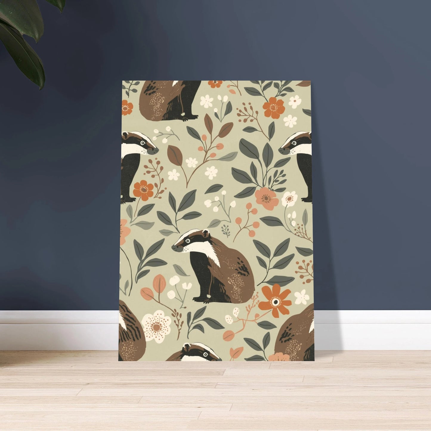Grävlingar i skandinaviskt retromönster med blommor och blad