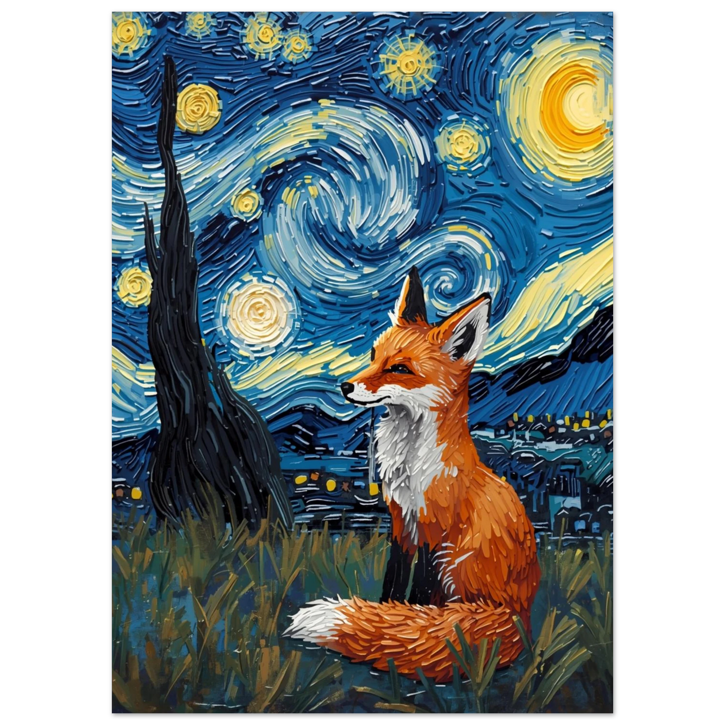 Konstnärlig rävposter med virvlande nattlig himmel och gul måne