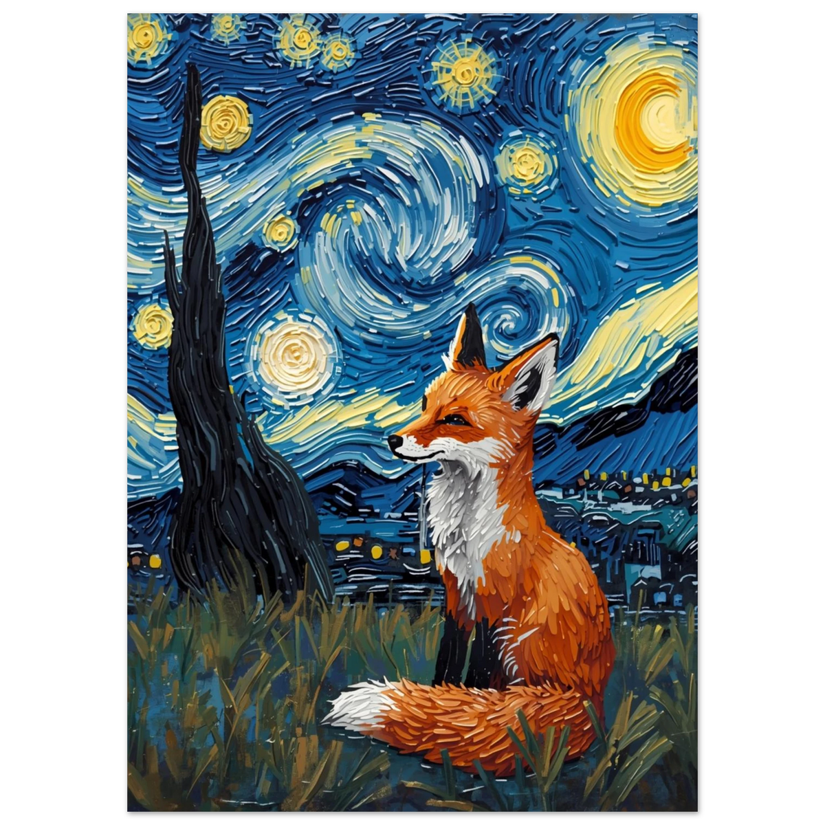 Konstnärlig rävposter med virvlande nattlig himmel och gul måne