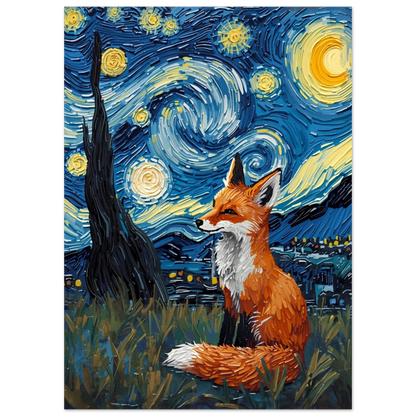 Konstnärlig rävposter med virvlande nattlig himmel och gul måne