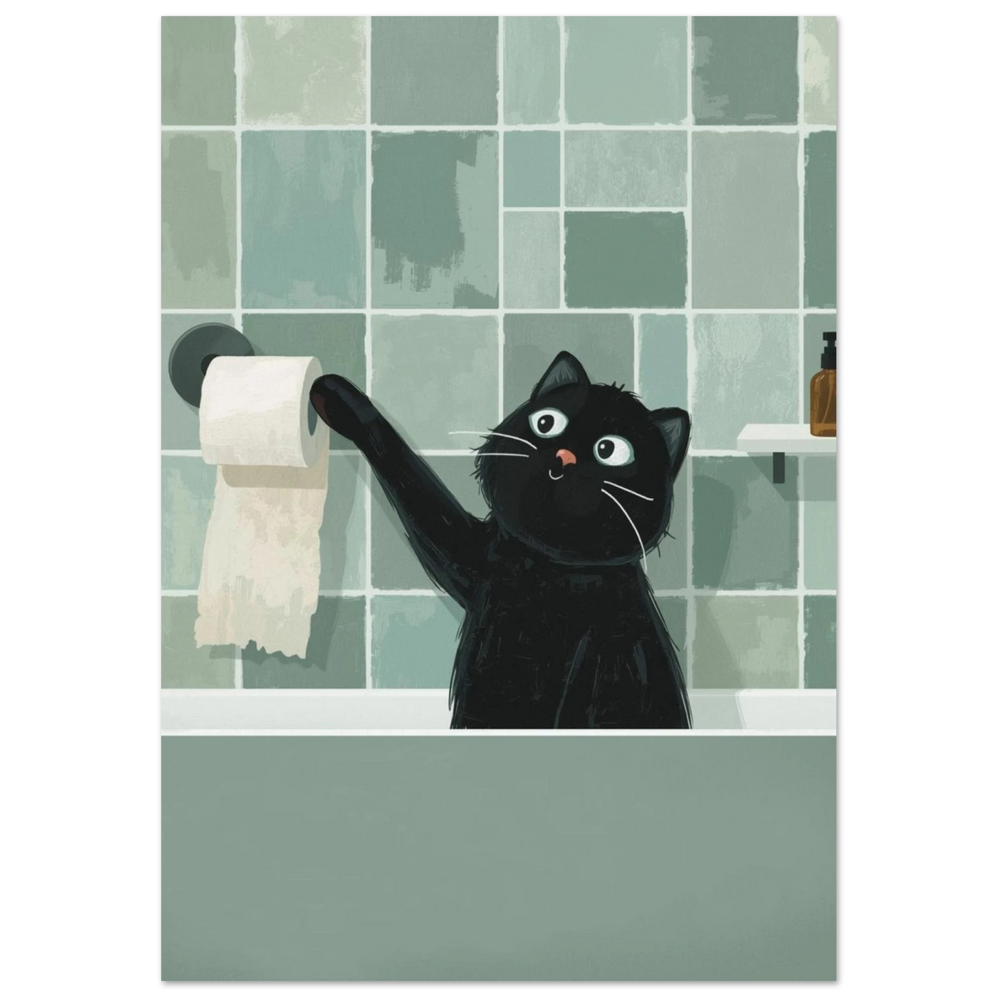 Svart katt leker med toalettpapper mot mörkgrönt kakel – humoristisk djurposter