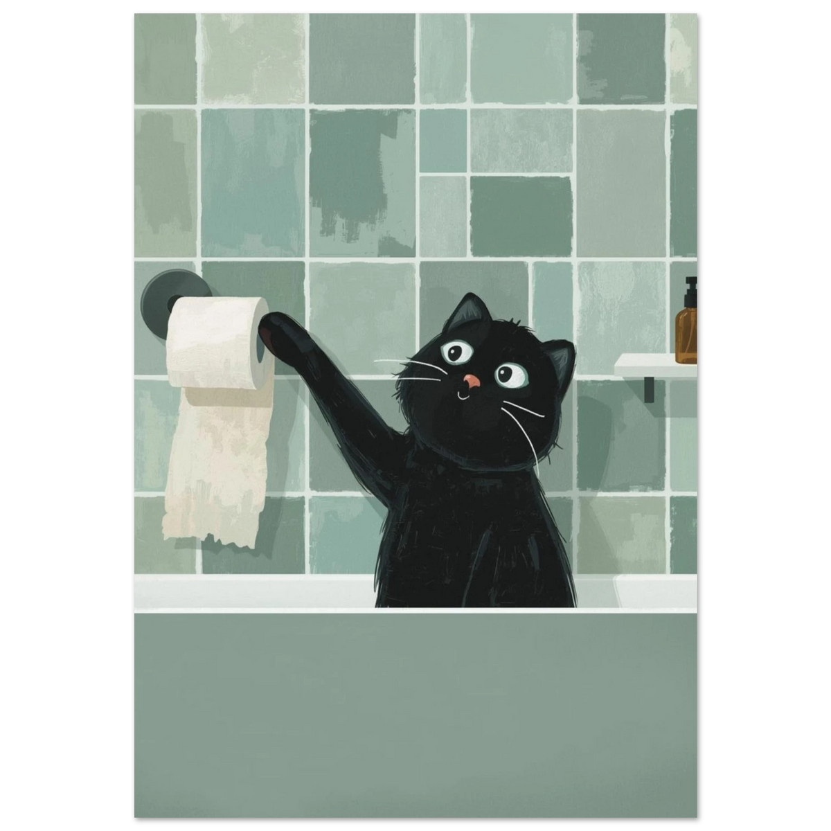 Svart katt leker med toalettpapper mot mörkgrönt kakel – humoristisk djurposter