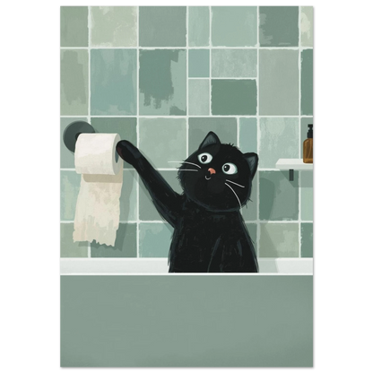Svart katt leker med toalettpapper mot mörkgrönt kakel – humoristisk djurposter
