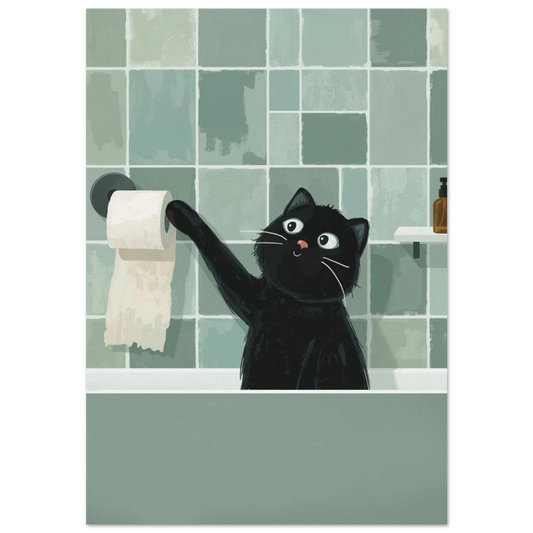 Svart katt leker med toalettpapper mot mörkgrönt kakel – humoristisk djurposter