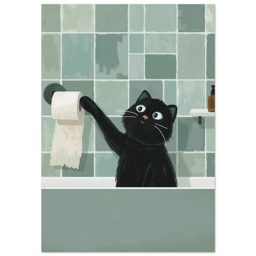 Svart katt leker med toalettpapper mot mörkgrönt kakel – humoristisk djurposter