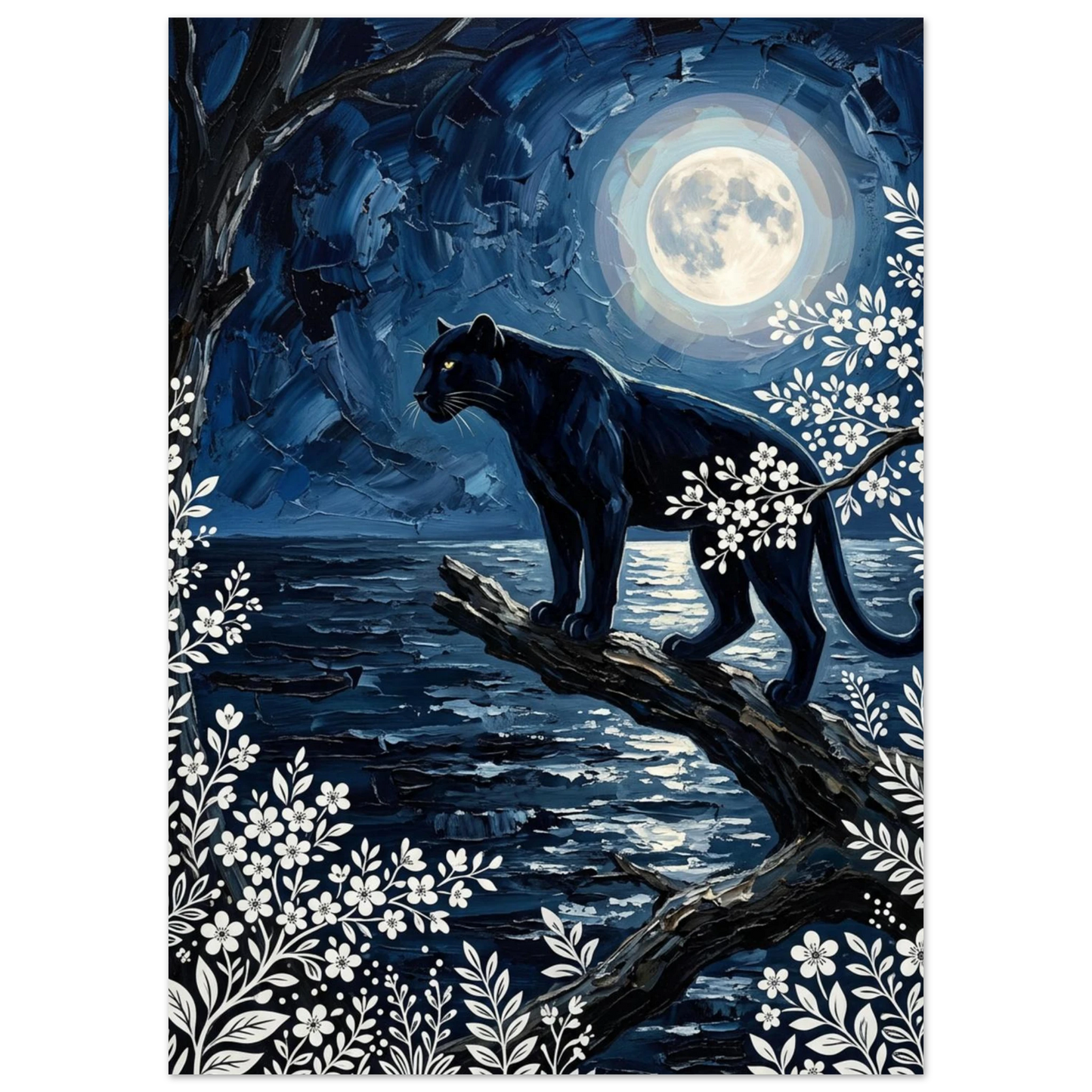 Nattlig djurposter med panter och månsken i djupblå impasto-stil