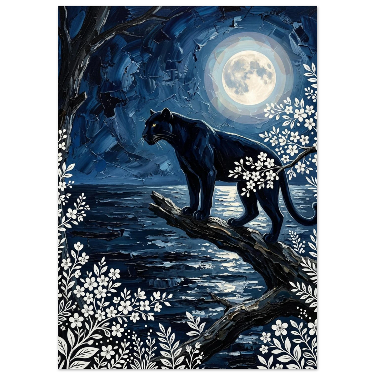 Nattlig djurposter med panter och månsken i djupblå impasto-stil