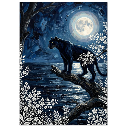 Nattlig djurposter med panter och månsken i djupblå impasto-stil