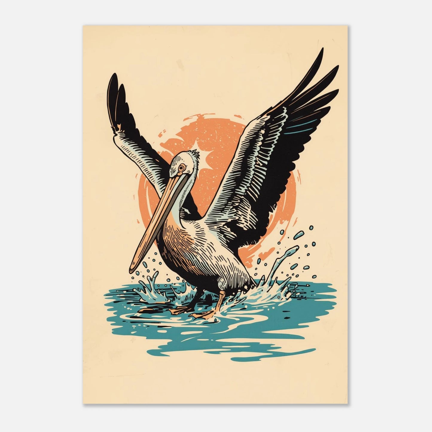 Väggkonst med pelikanmotiv i vintage-inspirerad färgpalett och svarta konturlinjer