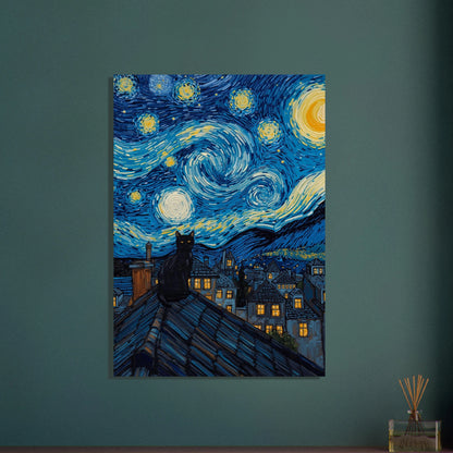 Svart katt på tak under stjärnklar natt, Van Gogh-inspirerad stil