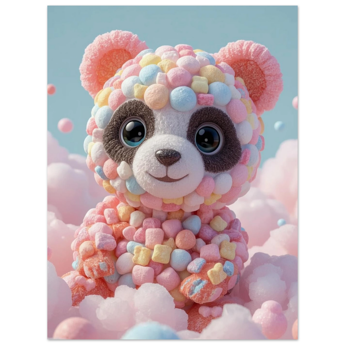 Lekfull illustration av en panda skapad av godisbitar – färgglad väggkonst