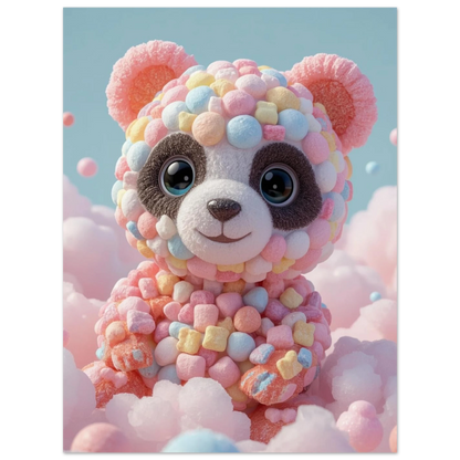 Lekfull illustration av en panda skapad av godisbitar – färgglad väggkonst