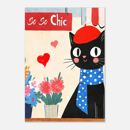 Söt svart katt med rosa kinder och röd basker, barnposter