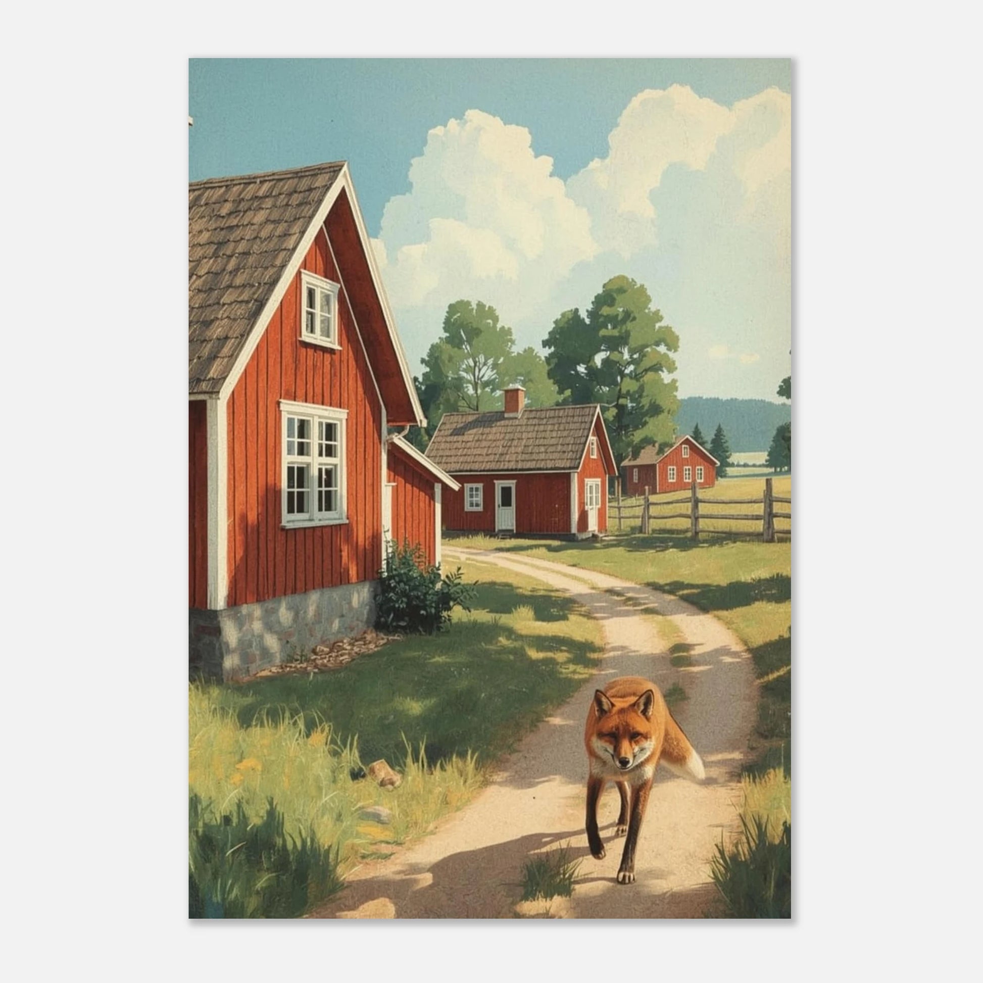 Detaljrik illustration av räv i kulturlandskap, tavla för lantlig inredning