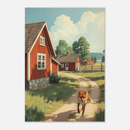 Detaljrik illustration av räv i kulturlandskap, tavla för lantlig inredning