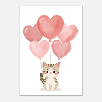 Charmigt djurmotiv av en sittande katt med svävande rosa hjärtballonger
